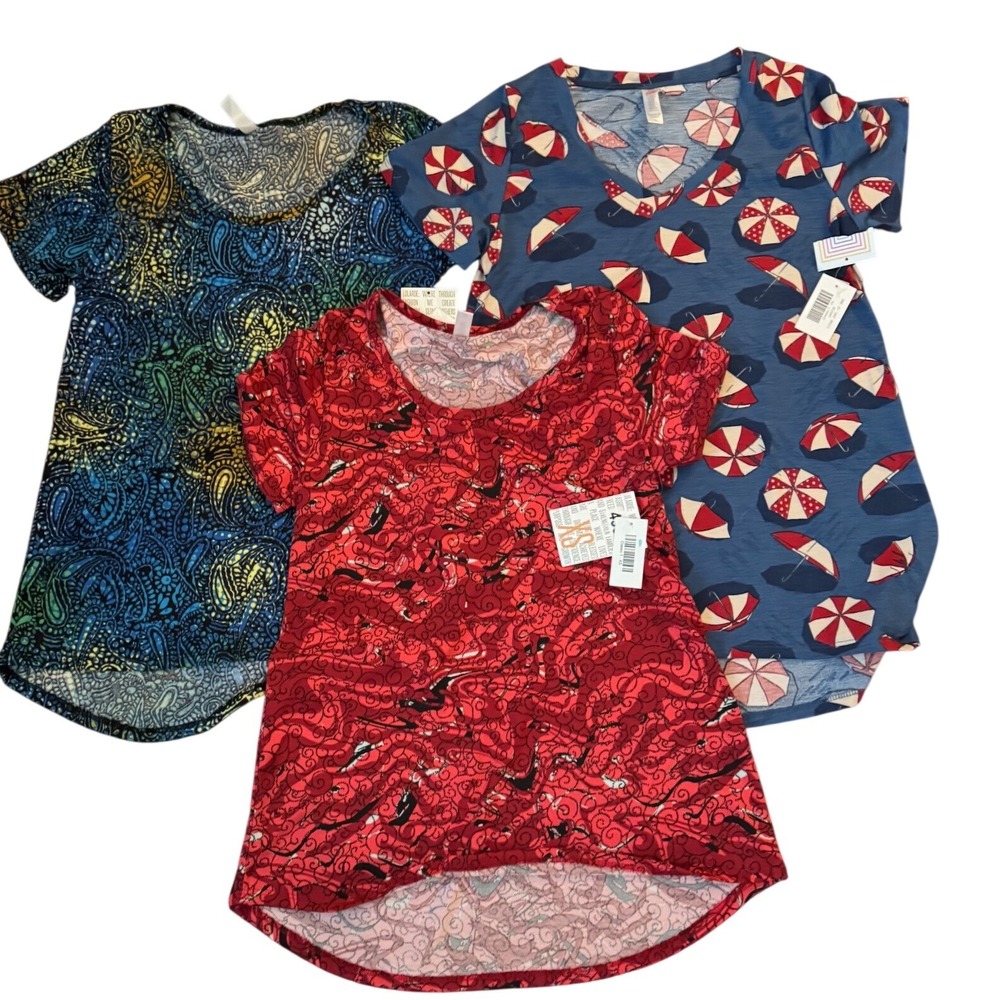 LuLaRoe Womens XS T-Shirt Bundle Lot of 3 NWT Umbrella Paisley Abstract Red Blue